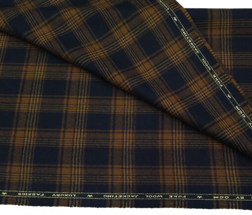 OCM Men's Wool Light Brown Checks 2 Meter Unstitched Tweed Jacketing & Blazer Fabric (Dark Blue)