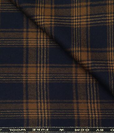 OCM Men's Wool Light Brown Checks 2 Meter Unstitched Tweed Jacketing & Blazer Fabric (Dark Blue)