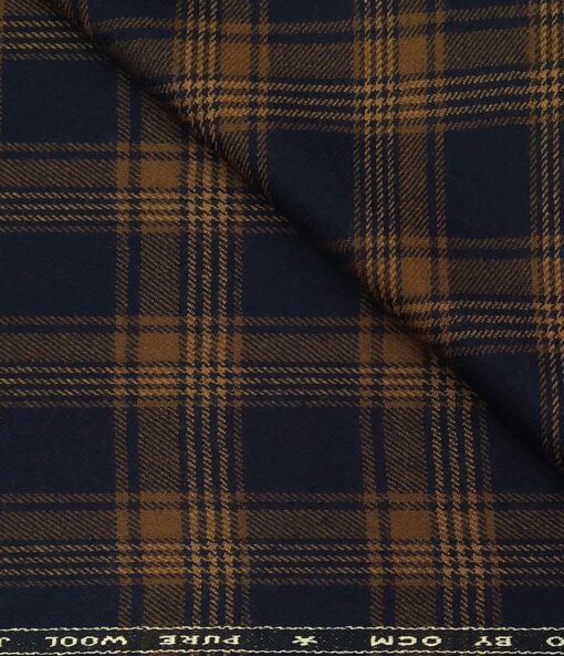OCM Men's Wool Light Brown Checks 2 Meter Unstitched Tweed Jacketing & Blazer Fabric (Dark Blue)