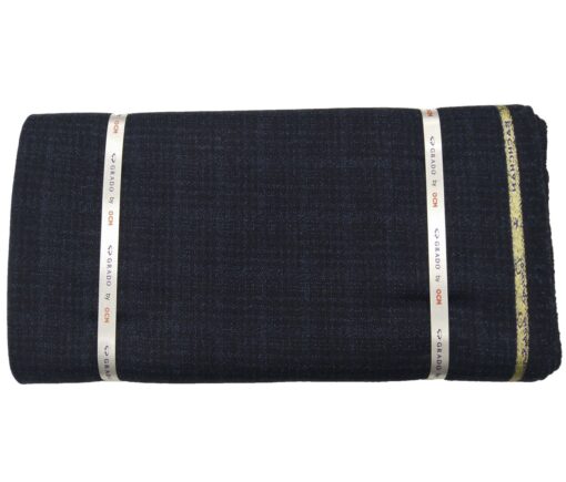 OCM Men's Wool Self Checks 2 Meter Unstitched Tweed Jacketing & Blazer Fabric (Dark Blue)