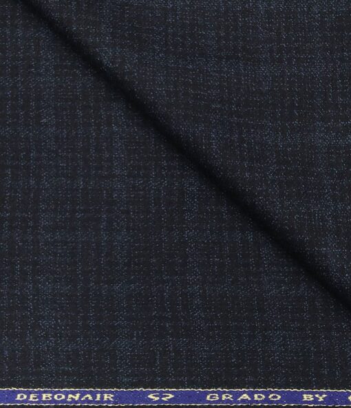 OCM Men's Wool Self Checks 2 Meter Unstitched Tweed Jacketing & Blazer Fabric (Dark Blue)