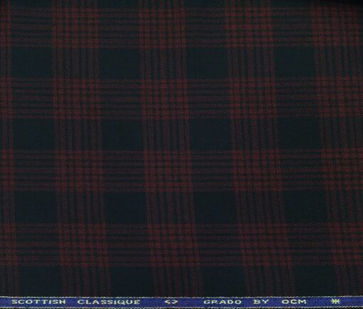 OCM Men's Wool Red Checks 2 Meter Unstitched Tweed Jacketing & Blazer Fabric (Dark Blue)