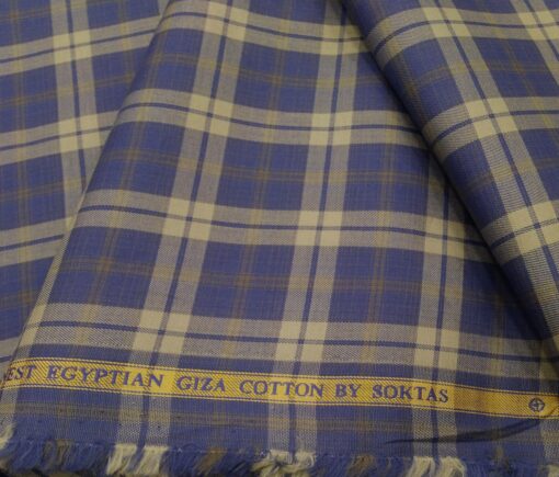 Soktas Men's Giza Cotton Brown Checks 1.60 Meter Unstitched Shirt Fabric (Blue)