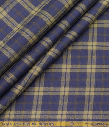 Soktas Men's Giza Cotton Brown Checks 1.60 Meter Unstitched Shirt Fabric (Blue)