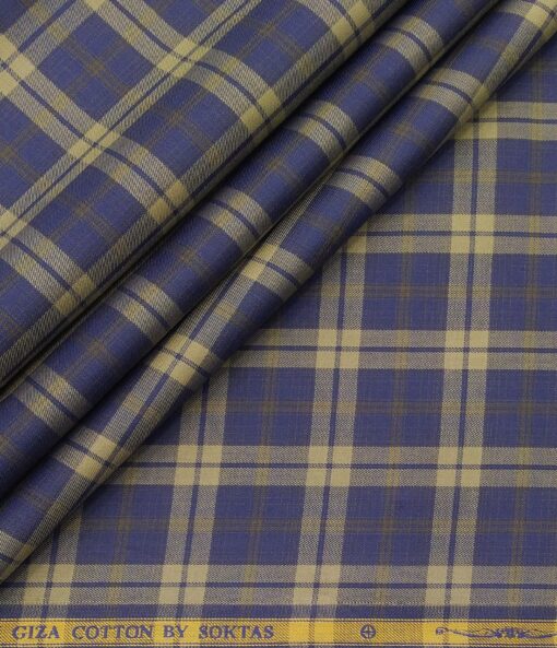 Soktas Men's Giza Cotton Brown Checks 1.60 Meter Unstitched Shirt Fabric (Blue)