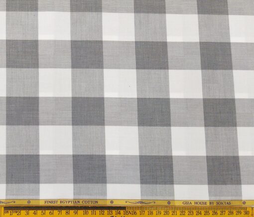 Soktas Men's Giza Cotton Grey Broad Checks 1.60 Meter Unstitched Shirt Fabric (White)