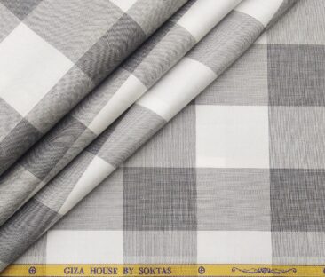 Soktas Men's Giza Cotton Grey Broad Checks 1.60 Meter Unstitched Shirt Fabric (White)