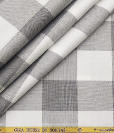 Soktas Men's Giza Cotton Grey Broad Checks 1.60 Meter Unstitched Shirt Fabric (White)