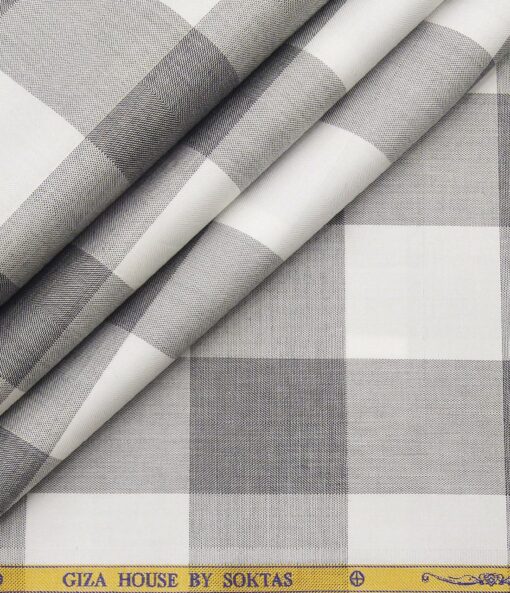 Soktas Men's Giza Cotton Grey Broad Checks 1.60 Meter Unstitched Shirt Fabric (White)