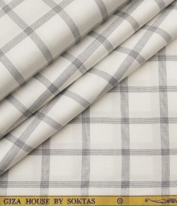 Soktas Men's Giza Cotton Grey Checks 1.60 Meter Unstitched Shirt Fabric (White)