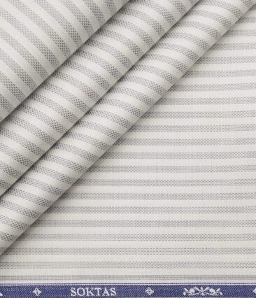 Soktas Men's Giza Cotton Grey Striped 1.60 Meter Unstitched Shirt Fabric (White)