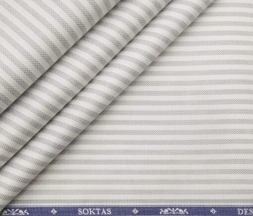Soktas Men's Giza Cotton Grey Striped 1.60 Meter Unstitched Shirt Fabric (White)