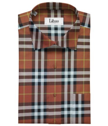 Soktas Men's Giza Cotton Broad Burberry Checks 1.60 Meter Unstitched Shirt Fabric (Amber Orange)
