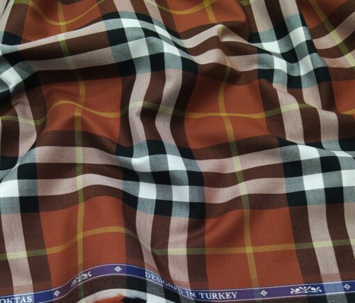 Soktas Men's Giza Cotton Broad Burberry Checks 1.60 Meter Unstitched Shirt Fabric (Amber Orange)