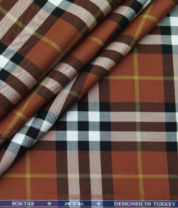 Soktas Men's Giza Cotton Broad Burberry Checks 1.60 Meter Unstitched Shirt Fabric (Amber Orange)
