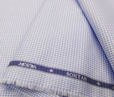 Soktas Men's Giza Cotton Blue Mirco Checks 1.60 Meter Unstitched Shirt Fabric (White)
