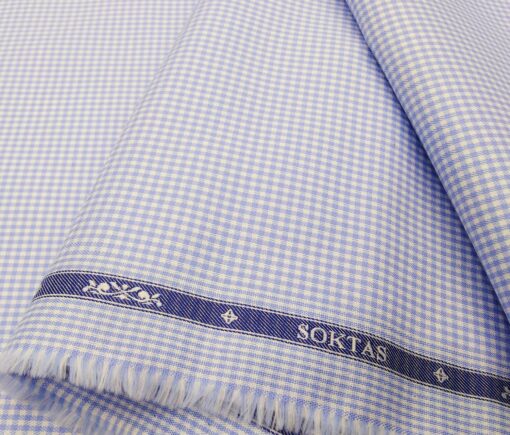 Soktas Men's Giza Cotton Blue Mirco Checks 1.60 Meter Unstitched Shirt Fabric (White)