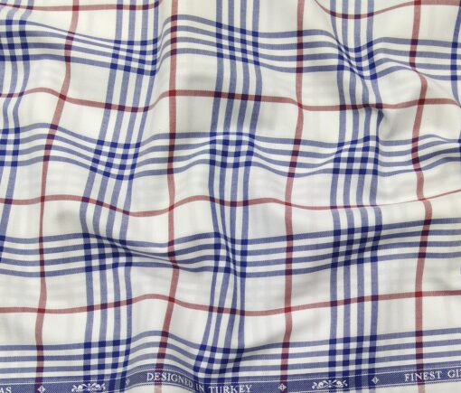 Soktas Men's Giza Cotton Red & Blue Burberry Checks 1.60 Meter Unstitched Shirt Fabric (White)