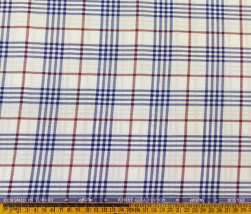 Soktas Men's Giza Cotton Red & Blue Burberry Checks 1.60 Meter Unstitched Shirt Fabric (White)