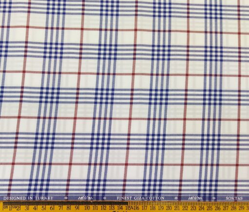 Soktas Men's Giza Cotton Red & Blue Burberry Checks 1.60 Meter Unstitched Shirt Fabric (White)