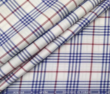 Soktas Men's Giza Cotton Red & Blue Burberry Checks 1.60 Meter Unstitched Shirt Fabric (White)