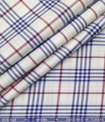 Soktas Men's Giza Cotton Red & Blue Burberry Checks 1.60 Meter Unstitched Shirt Fabric (White)