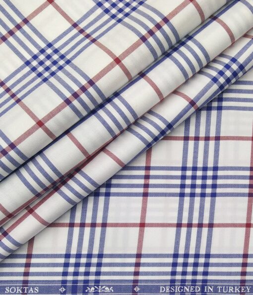 Soktas Men's Giza Cotton Red & Blue Burberry Checks 1.60 Meter Unstitched Shirt Fabric (White)