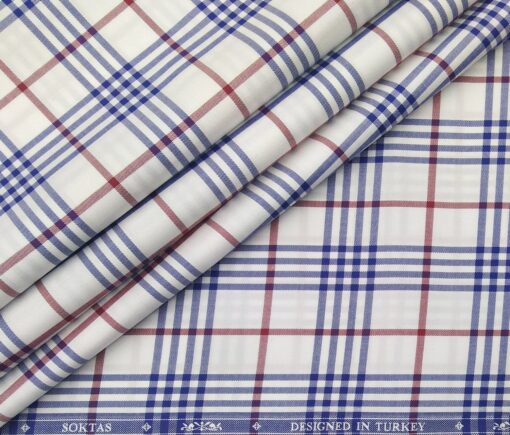 Soktas Men's Giza Cotton Red & Blue Burberry Checks 1.60 Meter Unstitched Shirt Fabric (White)