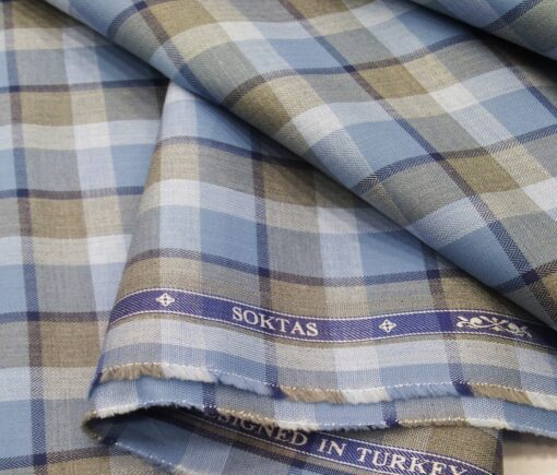 Soktas Men's Giza Cotton Burberry Checks 1.60 Meter Unstitched Shirt Fabric (Firozi Blue)