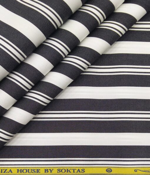 Soktas Men's Giza Cotton Black Striped 1.60 Meter Unstitched Shirt Fabric (White)