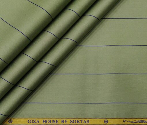 Soktas Men's Giza Cotton Blue Broad Striped 1.60 Meter Unstitched Shirt Fabric (Olive Green)