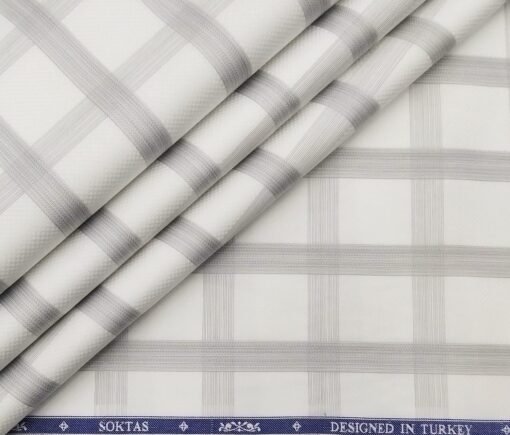 Soktas Men's Giza Cotton Grey Checks 1.60 Meter Unstitched Shirt Fabric (White)