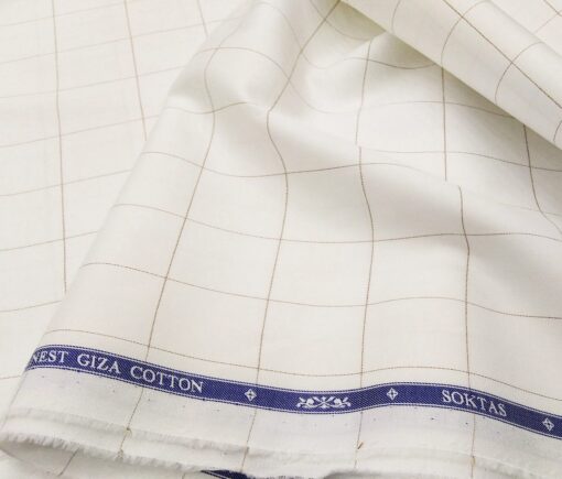 Soktas Men's Giza Cotton Brown Checks 1.60 Meter Unstitched Shirt Fabric (White)