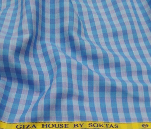 Soktas Men's Cotton Checks 1.60 Meter Unstitched Shirt Fabric (Light Firozi Blue)