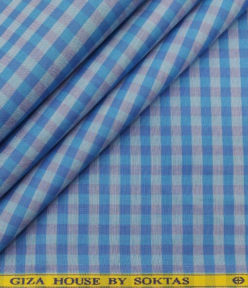Soktas Men's Cotton Checks 1.60 Meter Unstitched Shirt Fabric (Light Firozi Blue)