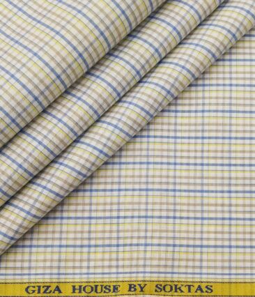 Soktas Men's Cotton Multi Colored Checks 1.60 Meter Unstitched Shirt Fabric (Off-White)