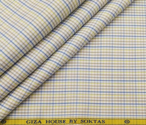 Soktas Men's Cotton Multi Colored Checks 1.60 Meter Unstitched Shirt Fabric (Off-White)