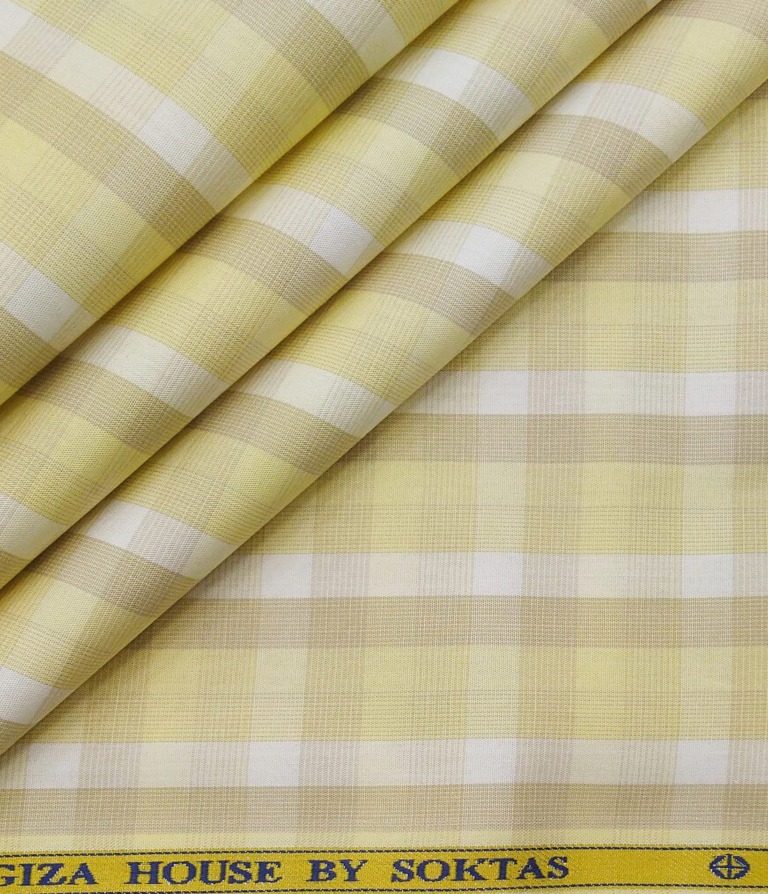 Soktas Men's Cotton Checks 1.60 Meter Unstitched Shirt Fabric (Light Yellow)