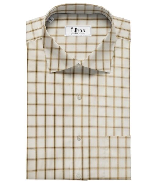 Bombay Rayon Men's Cotton Brown Checks 1.60 Meter Unstitched Shirt Fabric (Cream)