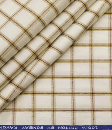 Bombay Rayon Men's Cotton Brown Checks 1.60 Meter Unstitched Shirt Fabric (Cream)