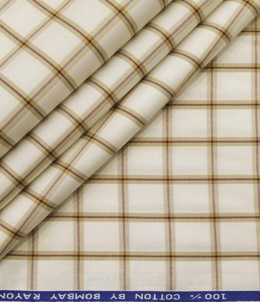 Bombay Rayon Men's Cotton Brown Checks 1.60 Meter Unstitched Shirt Fabric (Cream)