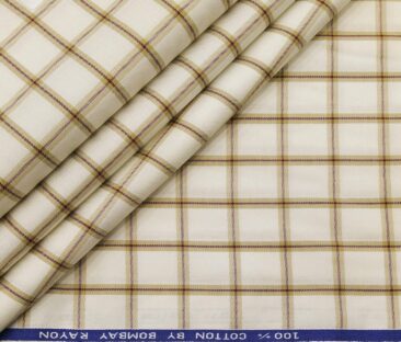 Bombay Rayon Men's Cotton Brown Checks 1.60 Meter Unstitched Shirt Fabric (Cream)