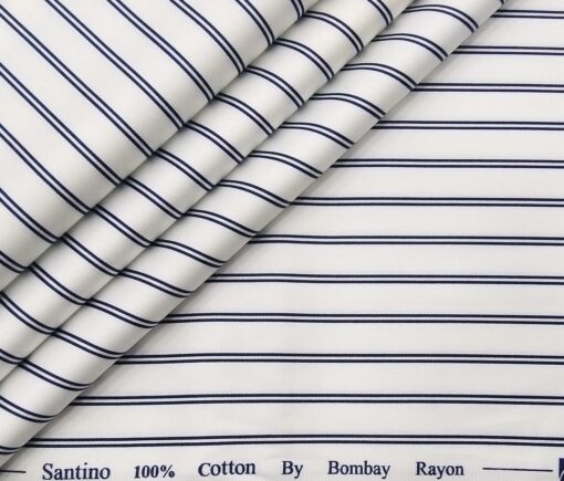 Bombay Rayon Men's Cotton Striped 1.60 Meter Unstitched Shirt Fabric (White)