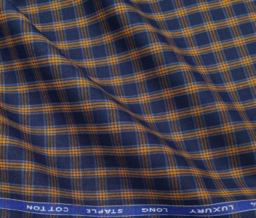 Cadini Italy Men's Cotton Orange Checks 1.60 Meter Unstitched Shirt Fabric (Dark Blue)