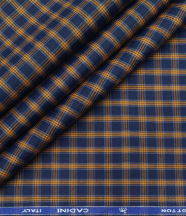 Cadini Italy Men's Cotton Orange Checks 1.60 Meter Unstitched Shirt Fabric (Dark Blue)