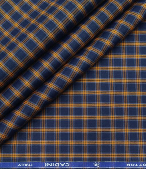 Cadini Italy Men's Cotton Orange Checks 1.60 Meter Unstitched Shirt Fabric (Dark Blue)