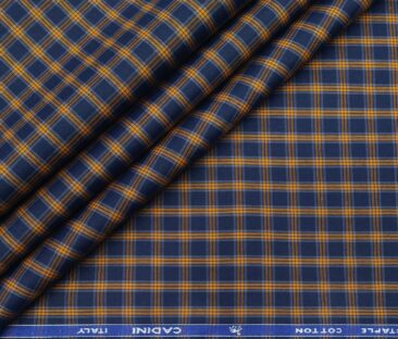 Cadini Italy Men's Cotton Orange Checks 1.60 Meter Unstitched Shirt Fabric (Dark Blue)
