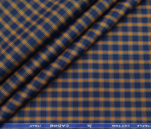 Cadini Italy Men's Cotton Orange Checks 1.60 Meter Unstitched Shirt Fabric (Dark Blue)
