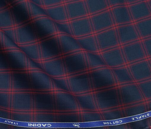 Cadini Italy Men's Cotton Red Checks 1.60 Meter Unstitched Shirt Fabric (Dark Blue)