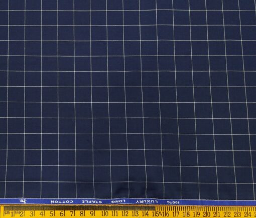 Cadini Italy Men's Cotton White Checks 1.60 Meter Unstitched Shirt Fabric (Dark Royal Blue)